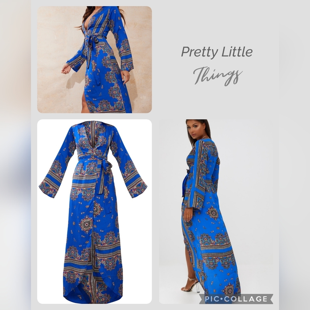 Cobalt Print Satin Kimono Maxi Dress